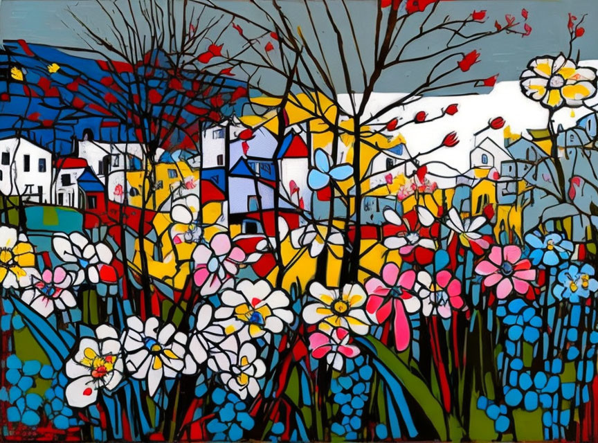 Vibrant landscape painting with blossoming flowers and quaint houses.