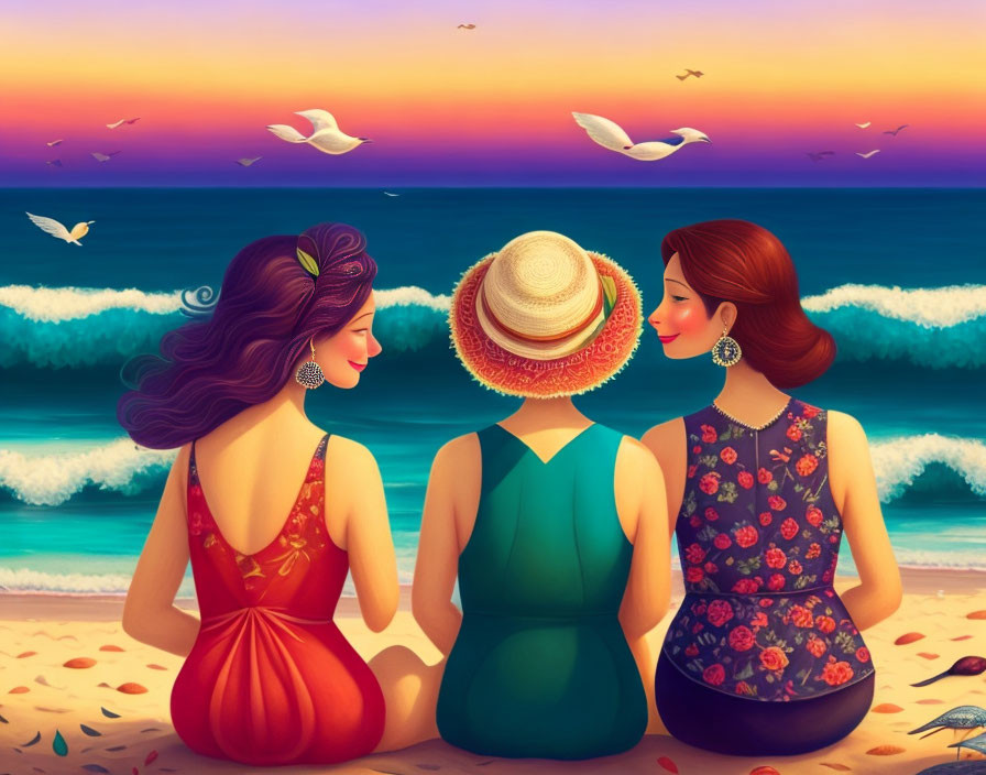 Three women on beach at sunset in colorful dresses and hats watching ocean and birds.