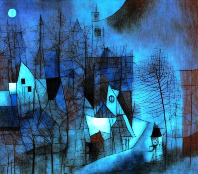 Abstract village scene painting in blue hues with stylized houses and crescent moon