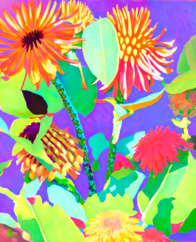 Colorful Flower Painting with Exaggerated Details on Purple Background