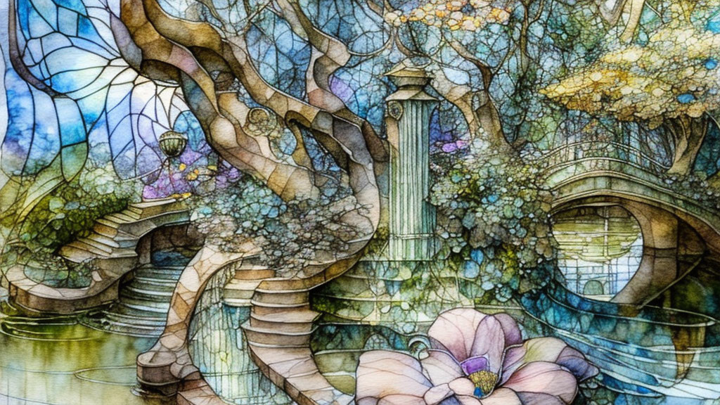 Fantastical garden watercolor painting with oversized flower and flowing staircases