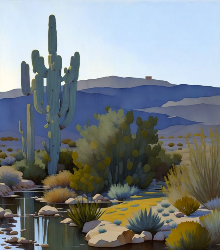 Tranquil desert landscape with saguaro cacti, pond, and mountains