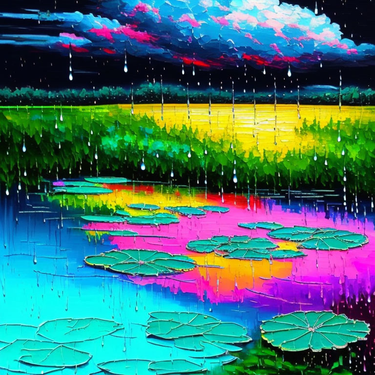 Vibrant Impressionistic Painting of Rain Over Water Lilies