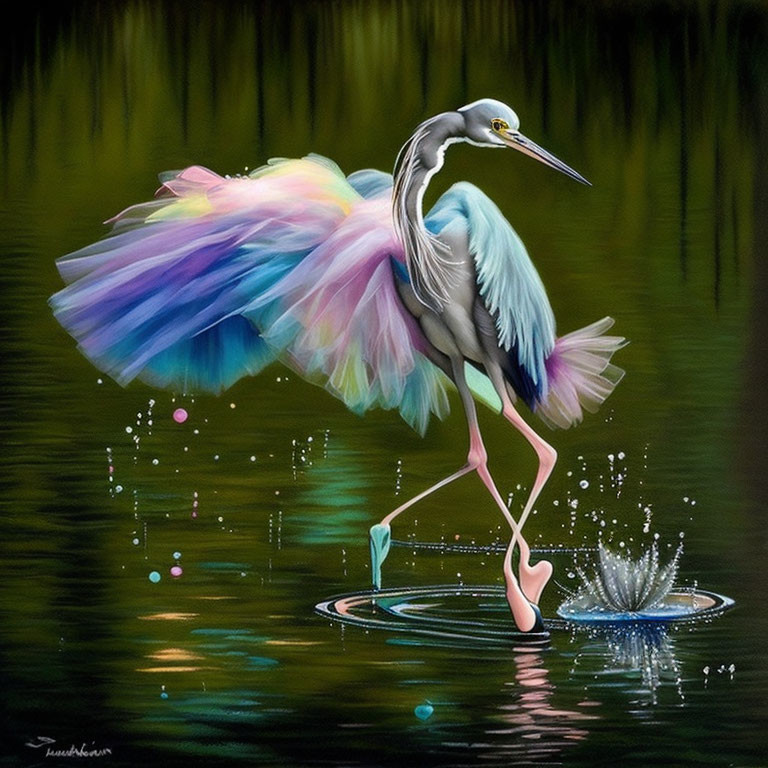 Colorful Heron Dancing on Water with Luminescent Orbs