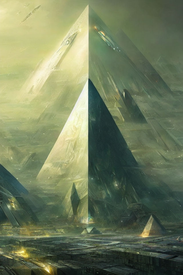 Futuristic landscape with illuminated pyramid and spaceships