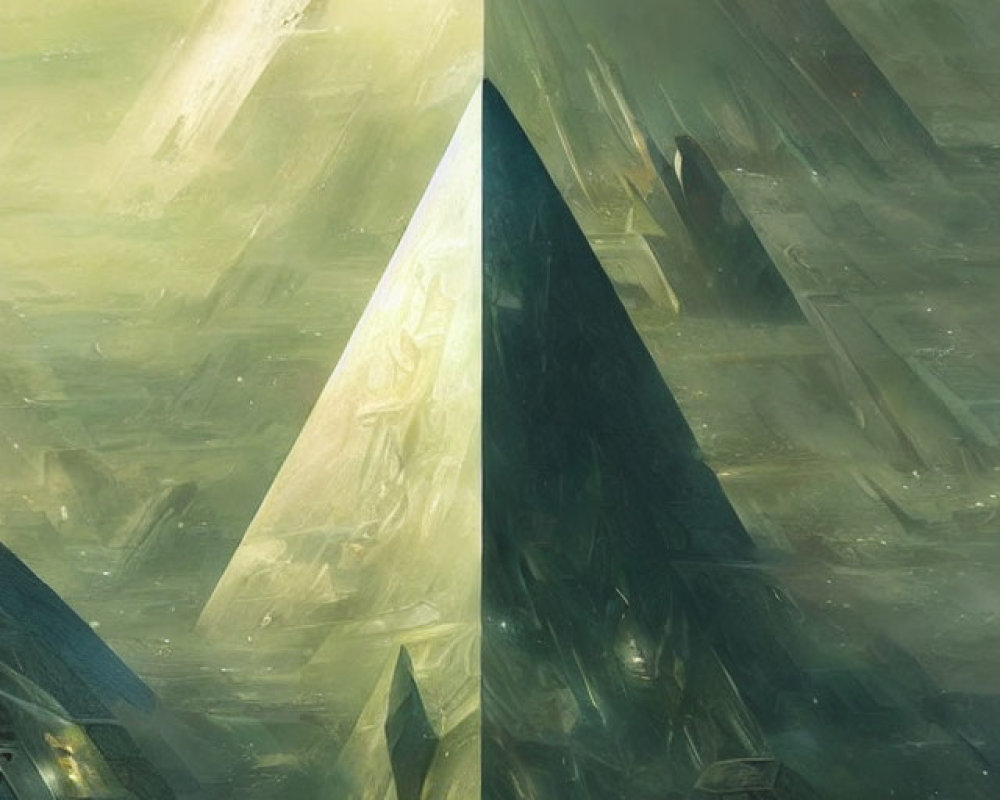 Futuristic landscape with illuminated pyramid and spaceships