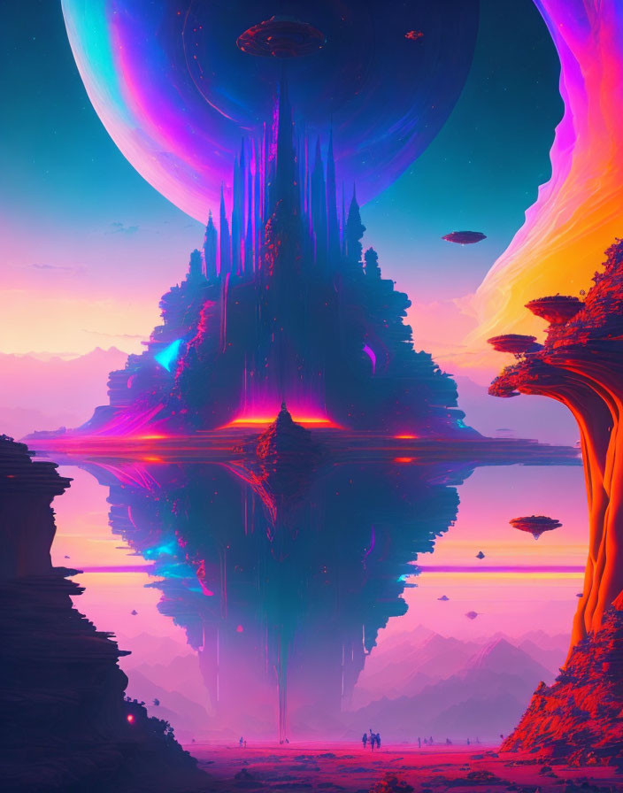 Sci-fi landscape with towering spire, floating islands, and giant planet in pink and purple hues