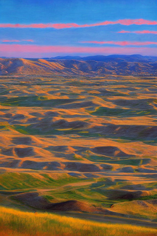 Scenic landscape with rolling hills and patchwork fields under a blue sky