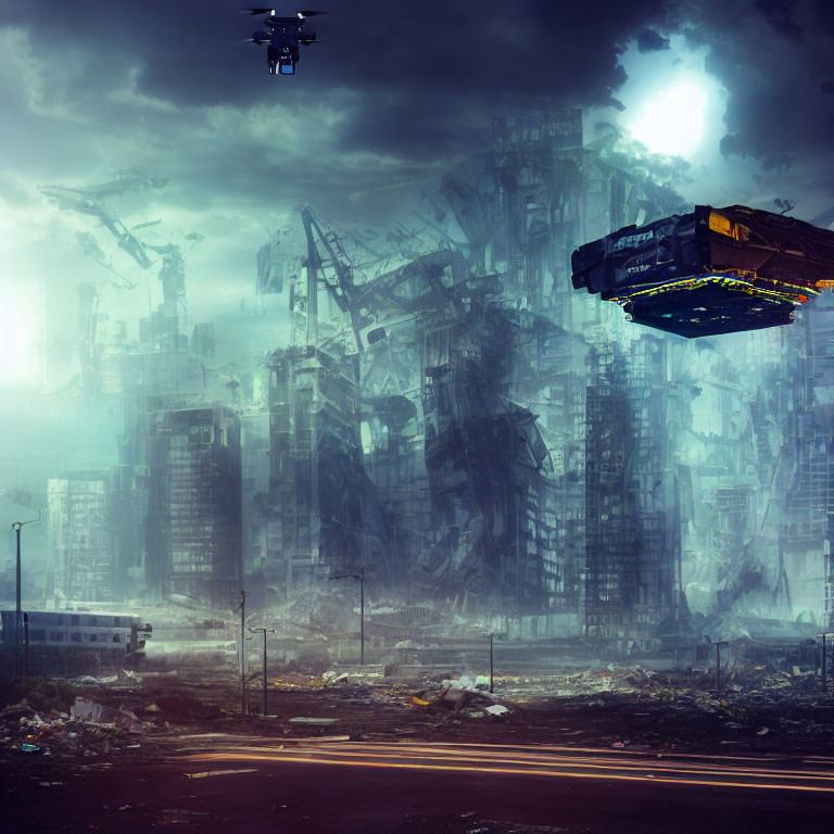 Dystopian cityscape with crumbling skyscrapers and flying vehicle