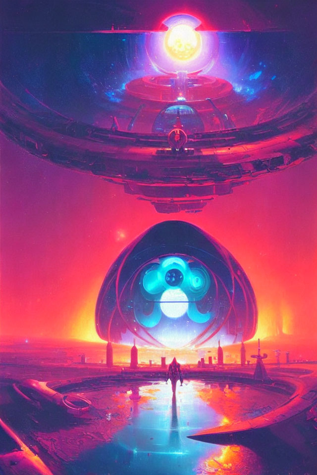 Futuristic circular structure with glowing orb in vibrant, otherworldly landscape