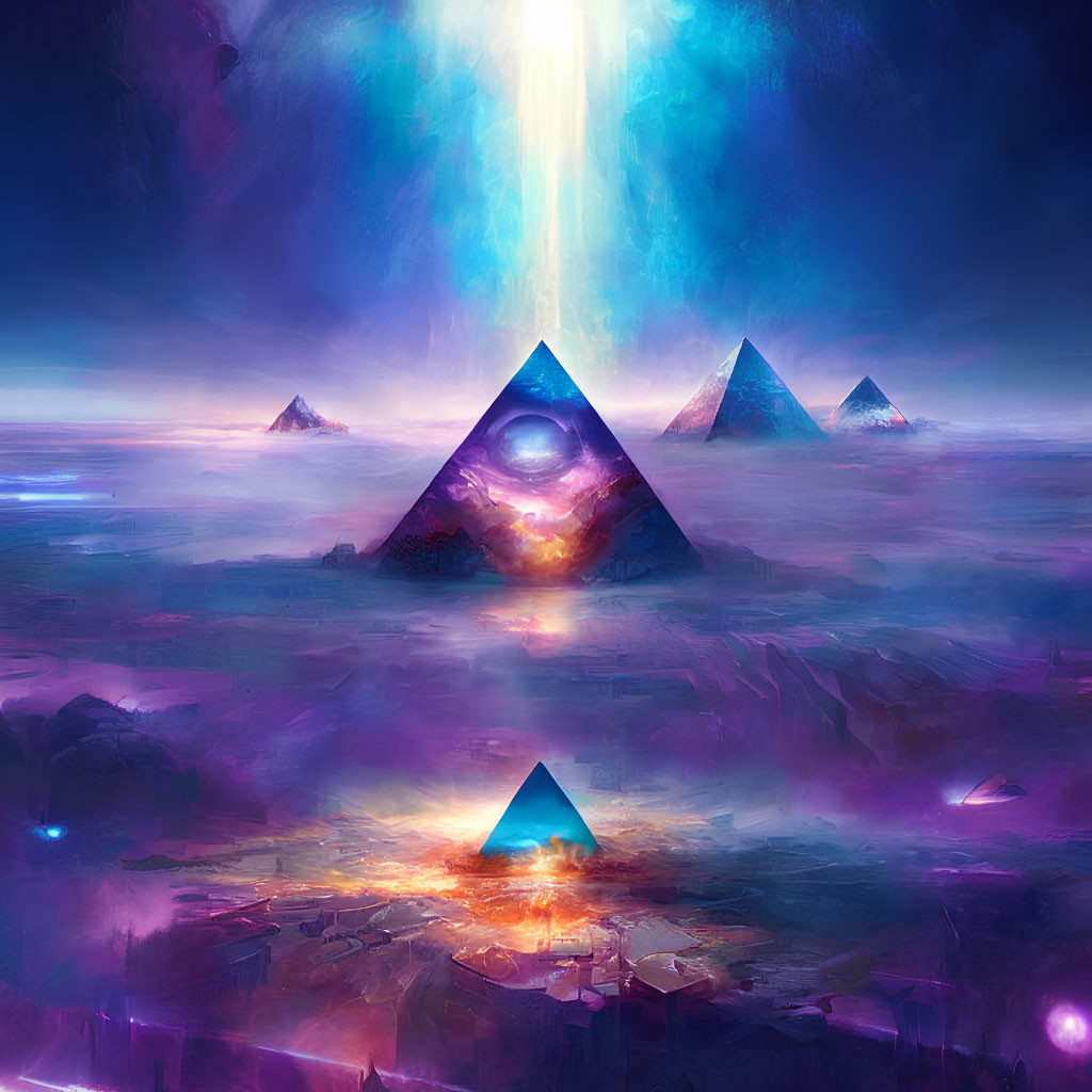 Glowing pyramids in celestial light on purple landscape