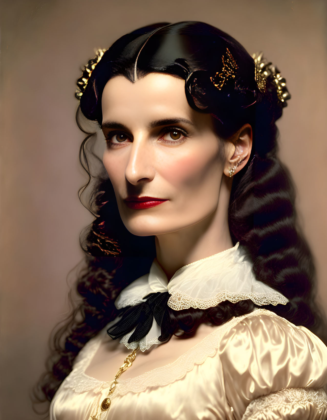 Vintage portrait of woman with dark hair in braids and gold hairpieces, wearing white blouse with r