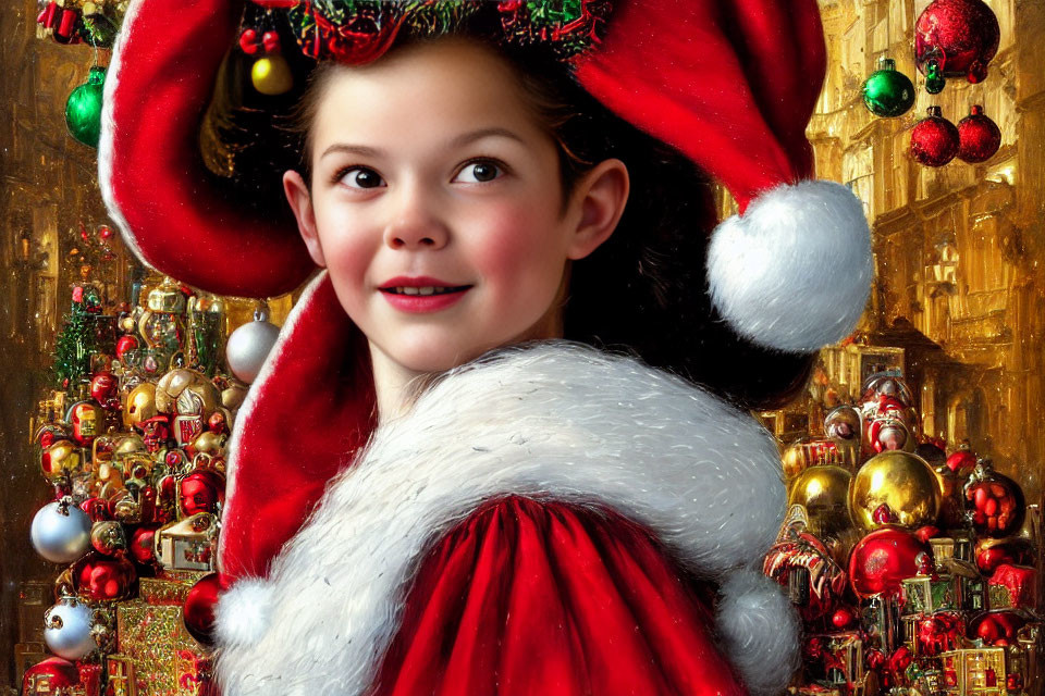 Child in Santa hat and festive costume among Christmas decorations