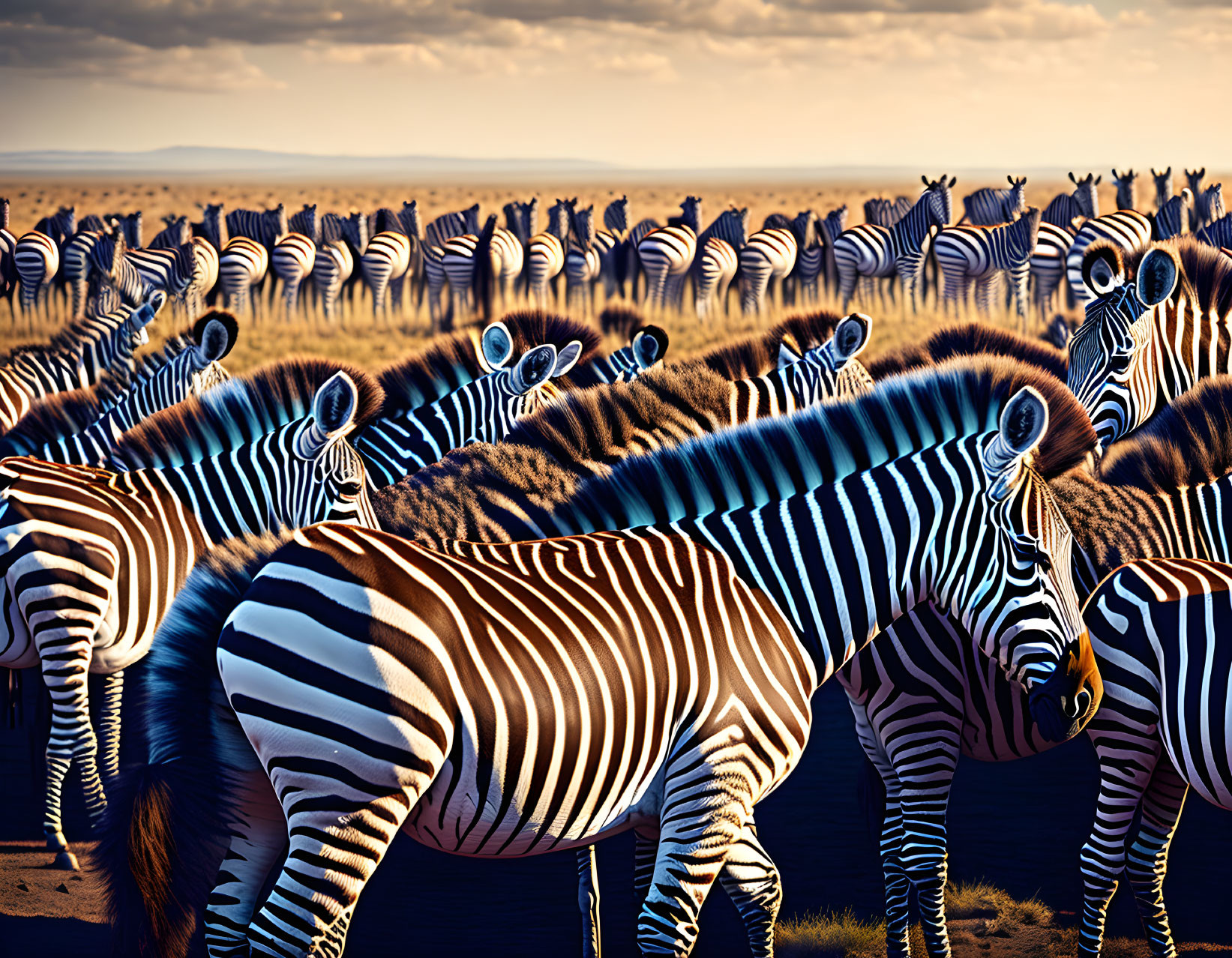 Zebras Grazing on Savannah During Golden Hour