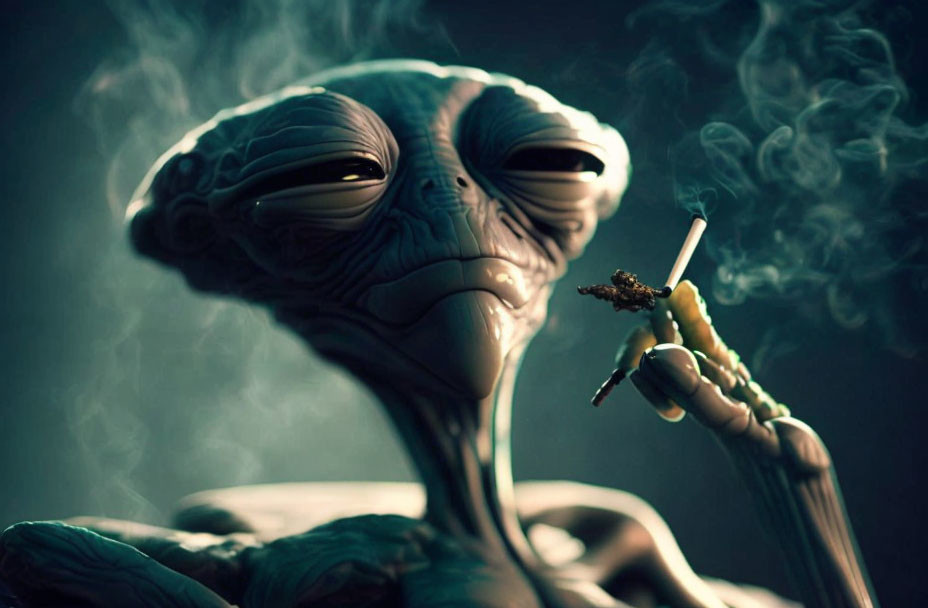 Alien with large eyes smoking cigarette in dark background