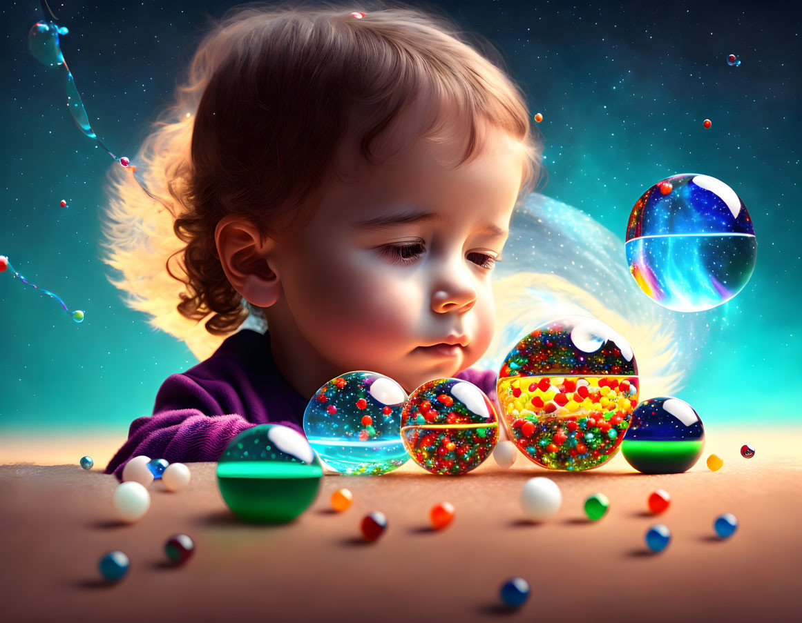 Curious toddler mesmerized by colorful marbles and bubbles on starlit backdrop