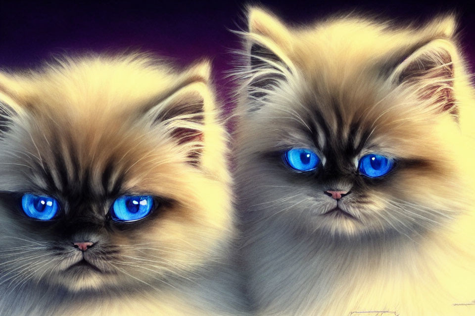 Fluffy Cats with Blue Eyes and Long Fur on Purple Background