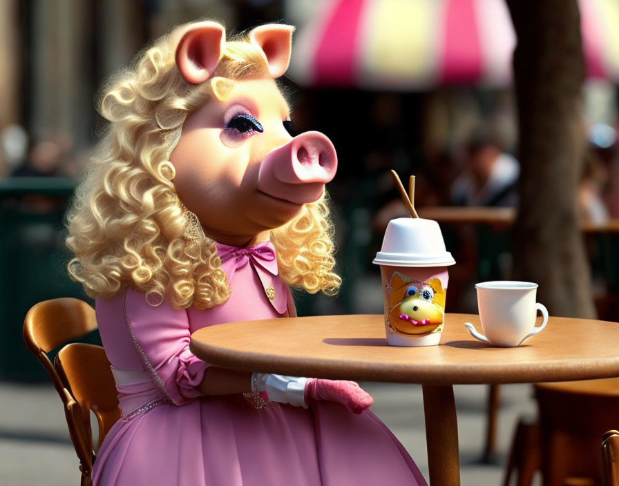 Anthropomorphic pig in pink dress at café table with coffee cup and egg-shaped container