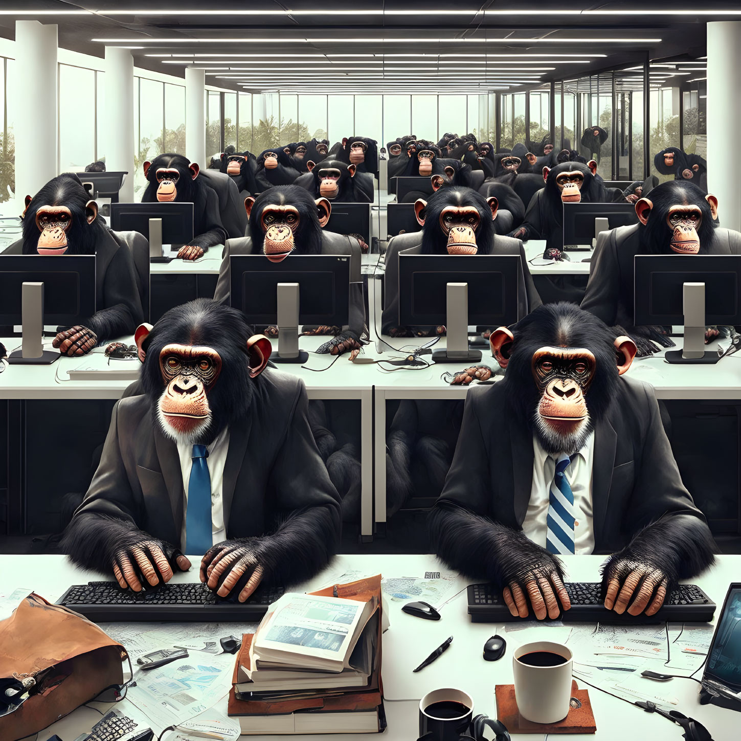 Chimpanzees in business attire working in office setting