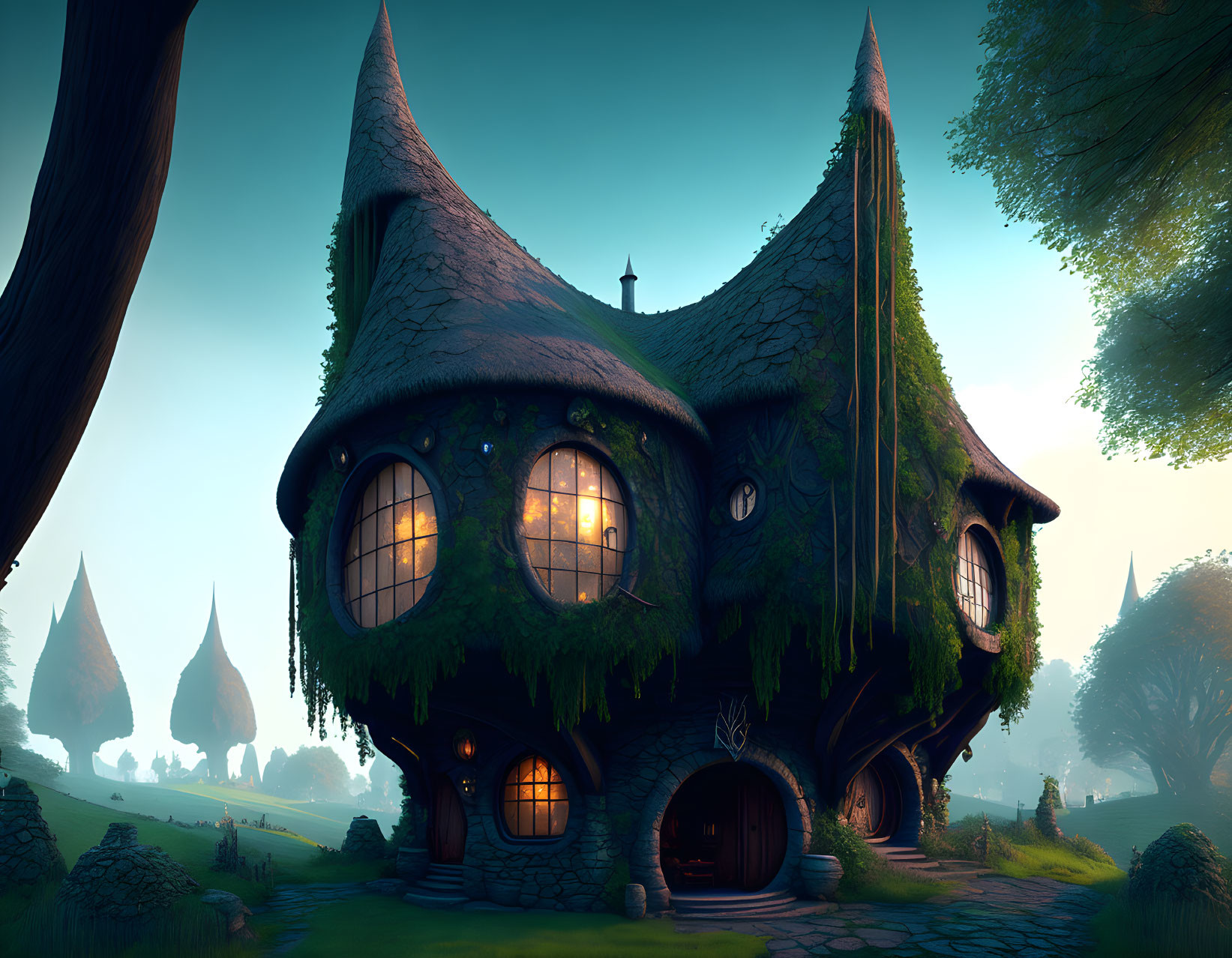 Unique House Design with Pointed Roofs and Round Windows at Twilight