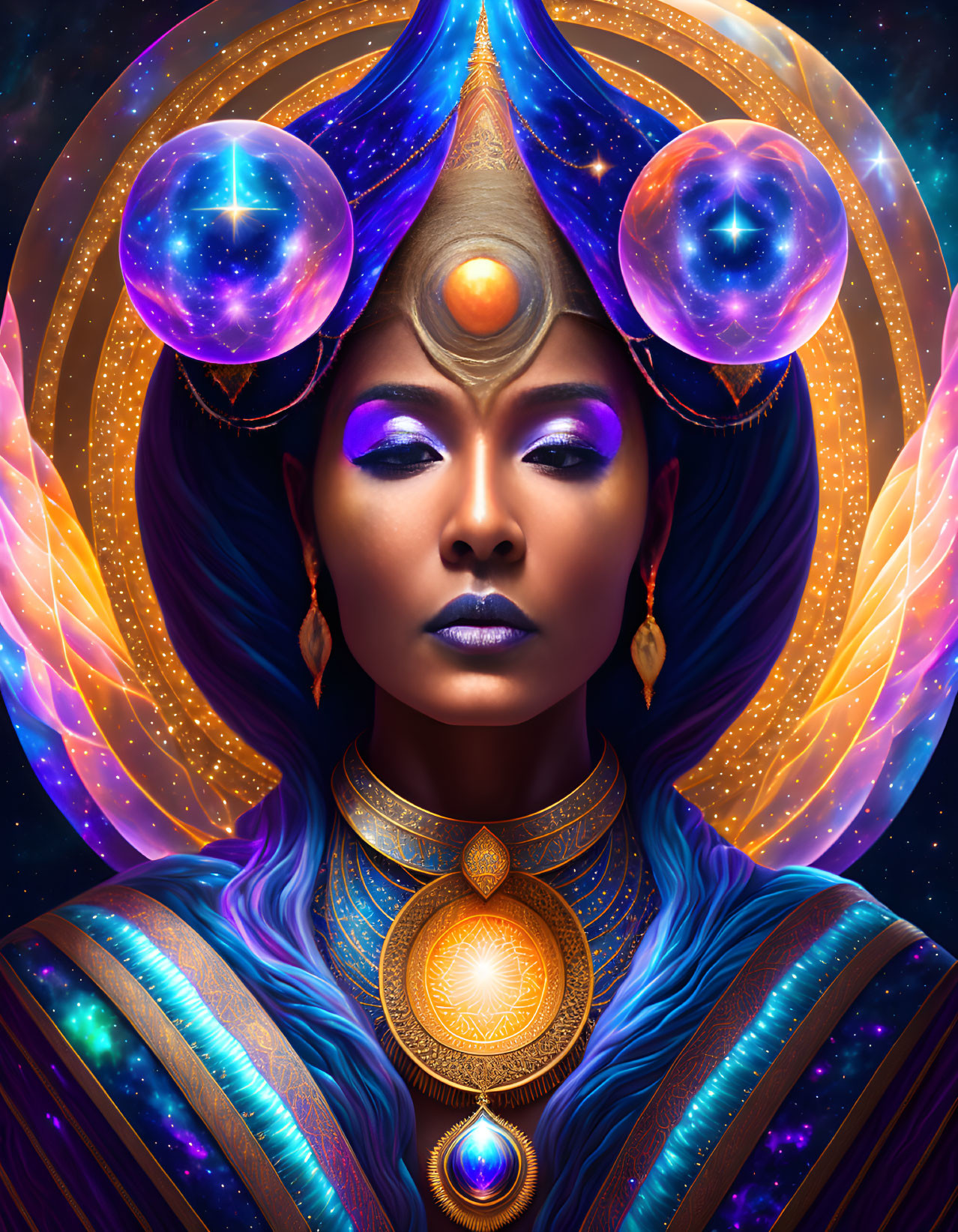 Cosmic-themed digital artwork of woman with celestial headdress