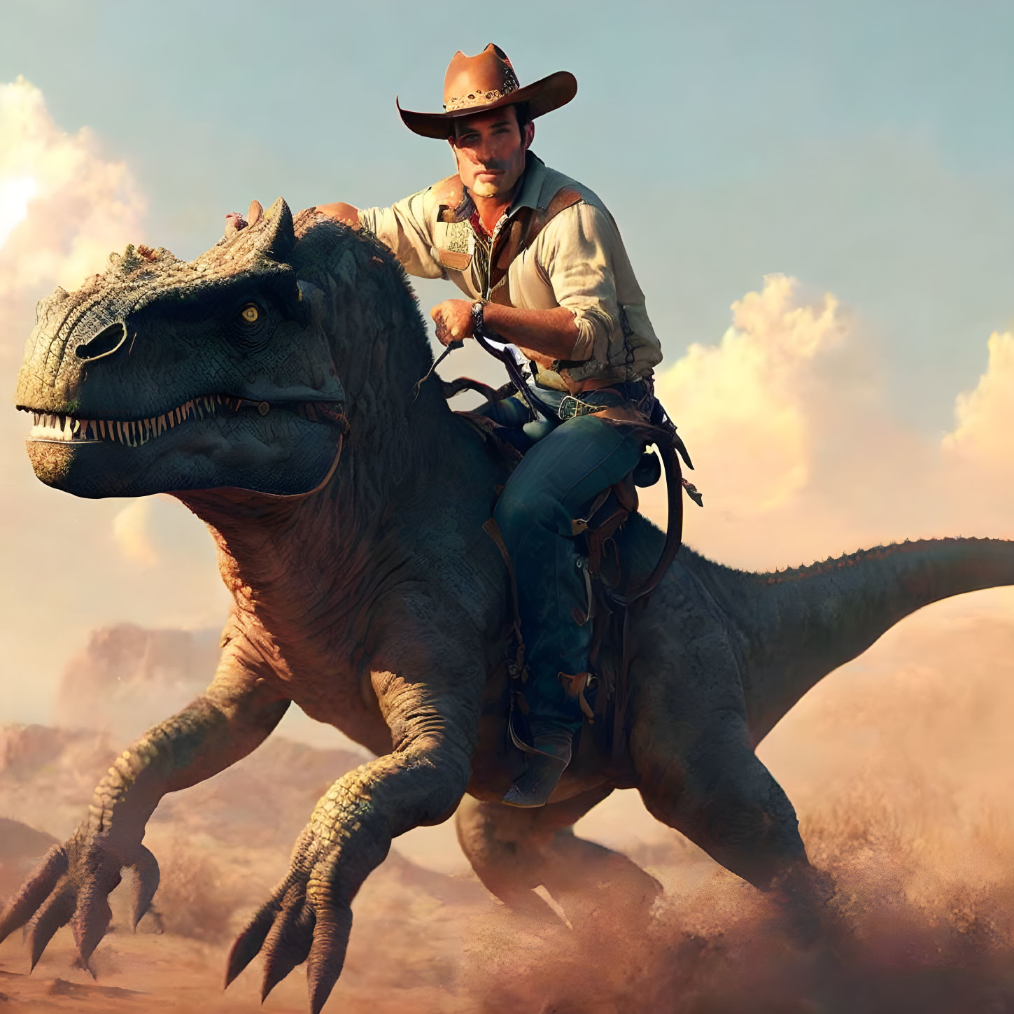 Cowboy riding dinosaur in desert-themed artwork