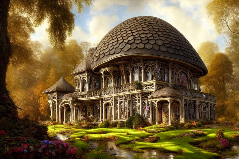 Ornate house with dome roof in lush garden setting