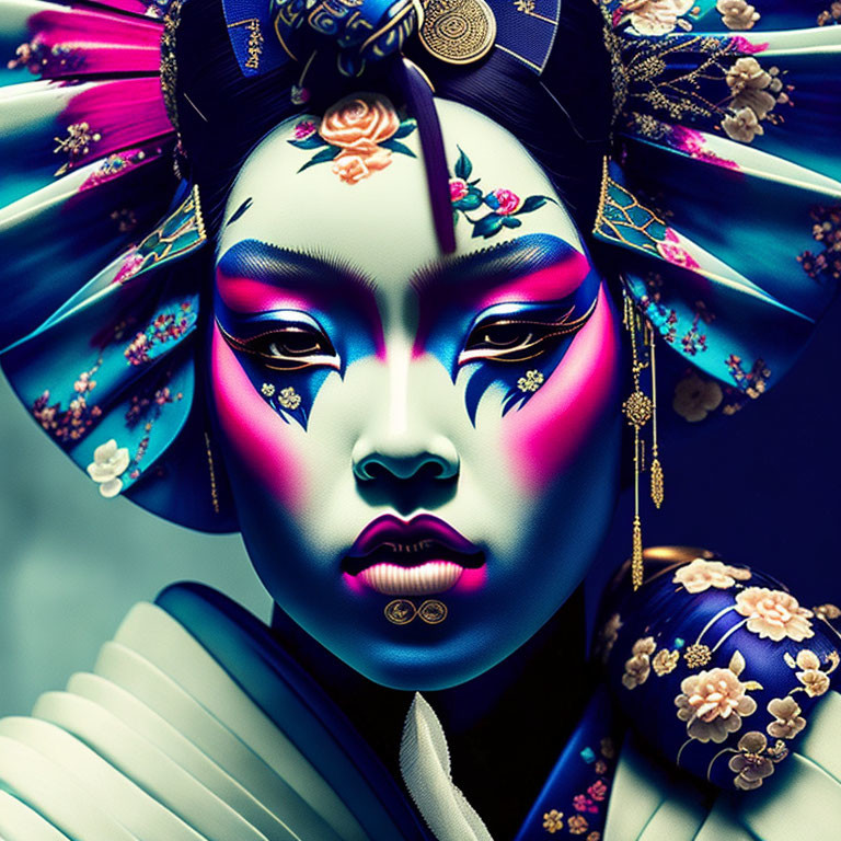 Colorful Asian Headdress Artwork with Floral Patterns