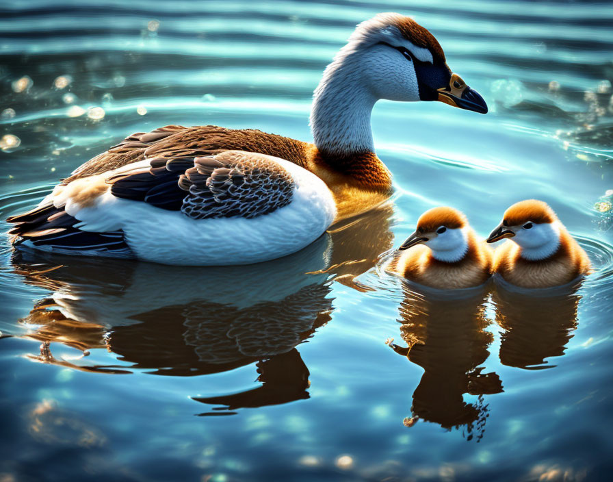 Adult duck with unique head pattern and two fluffy ducklings swimming in blue water