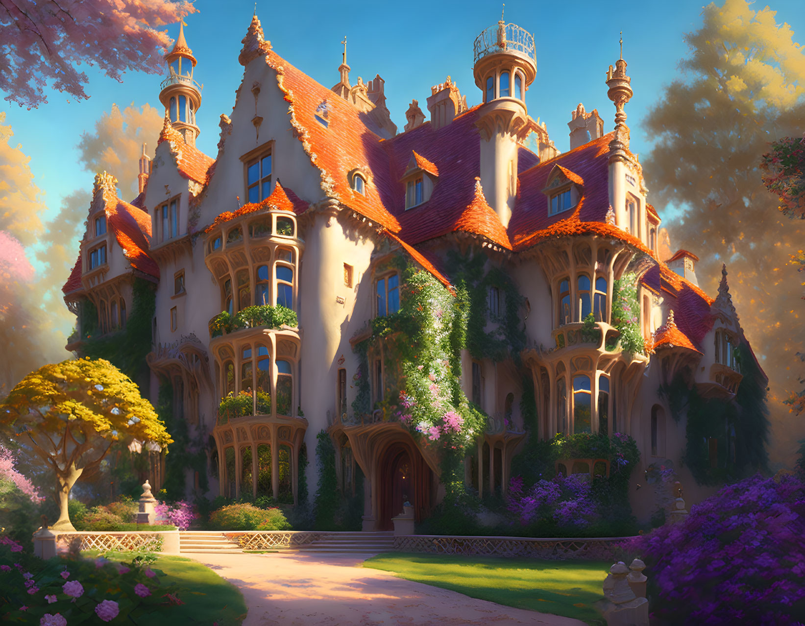 Enchanting castle in warm sunlight with intricate architecture