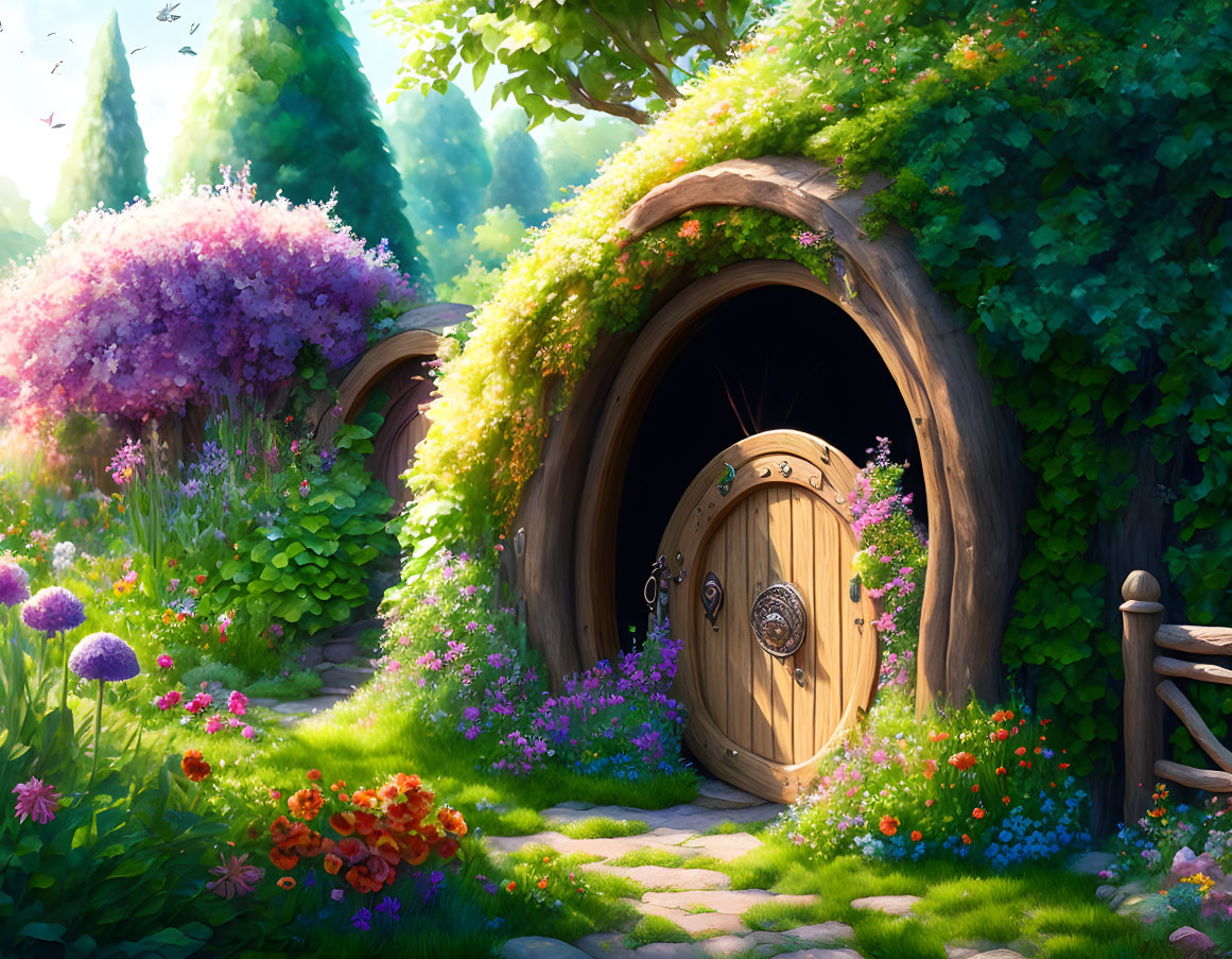 Round wooden door nestled in hillside garden with vibrant flowers