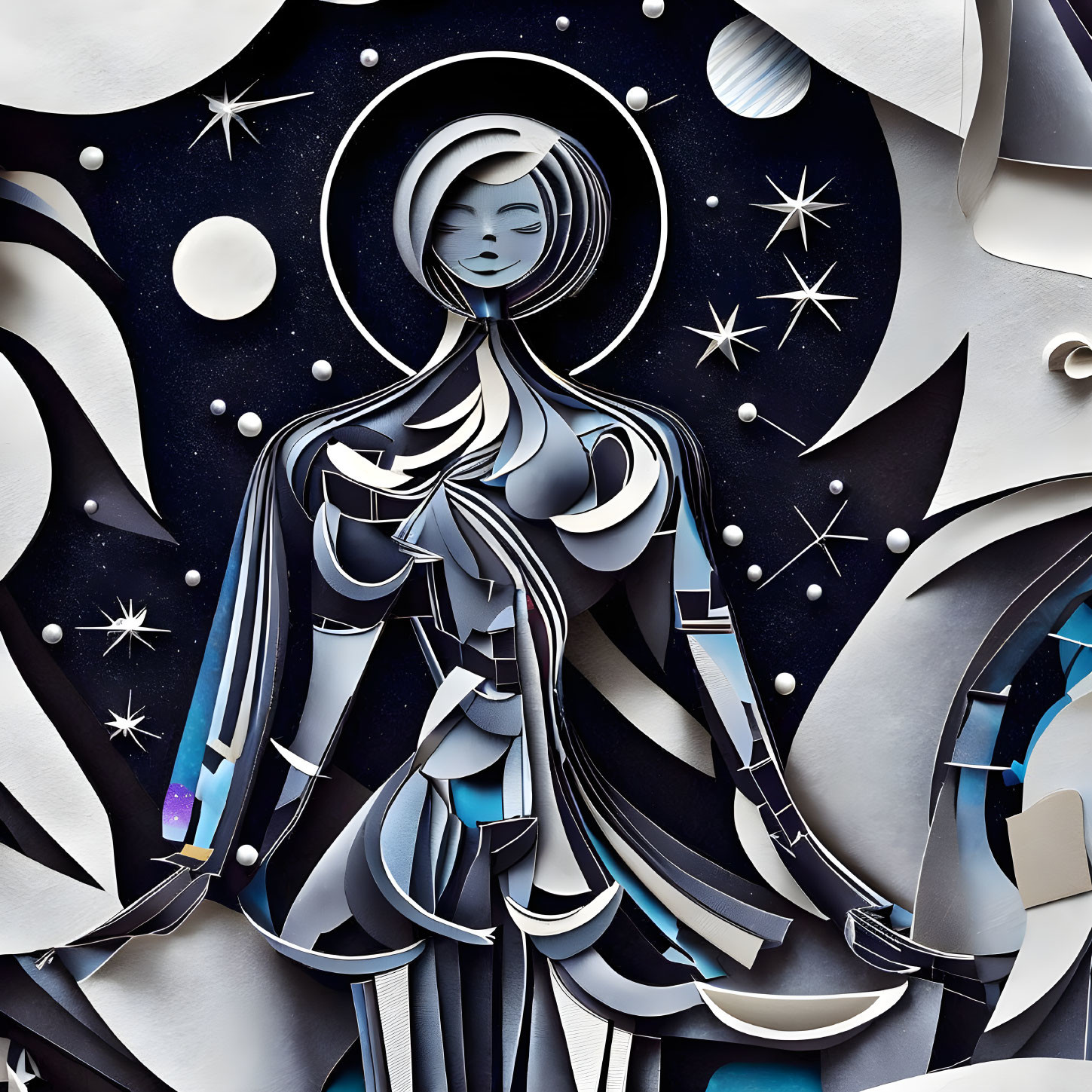 Woman in Space Paper Art with Halo and Celestial Elements in Blue, White, and Black