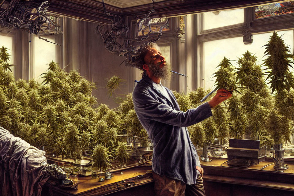 Bearded man inspecting cannabis plant in sunlit room