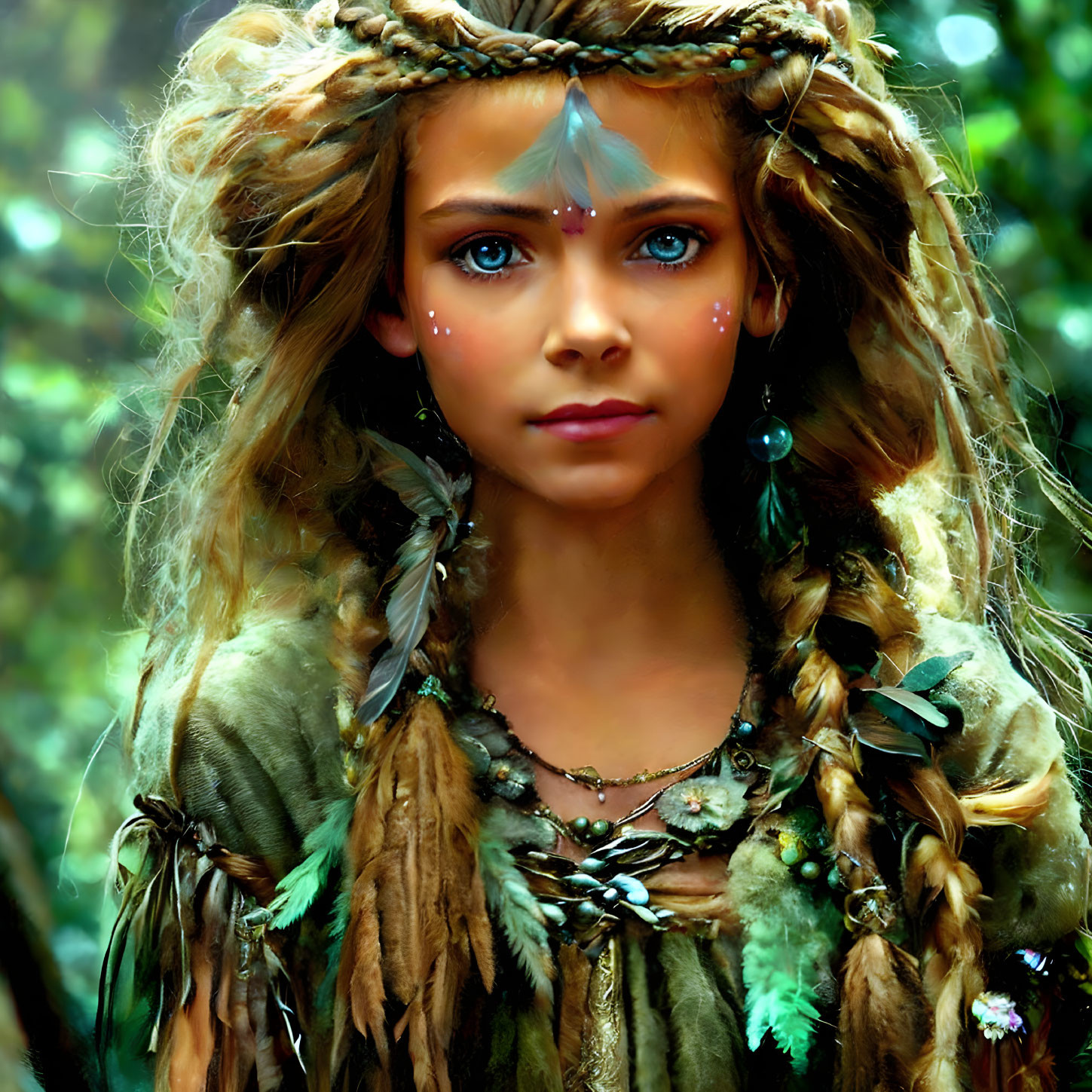 Young girl in tribal attire with blue eyes and decorative markings in forest.