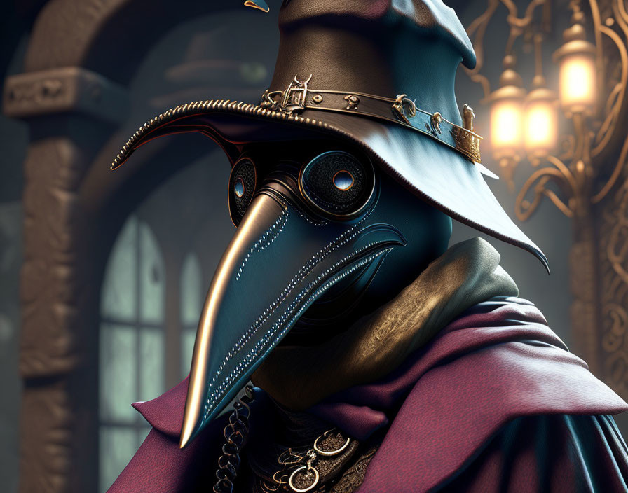 Plague Doctor 3D Illustration with Beaked Mask and Hat