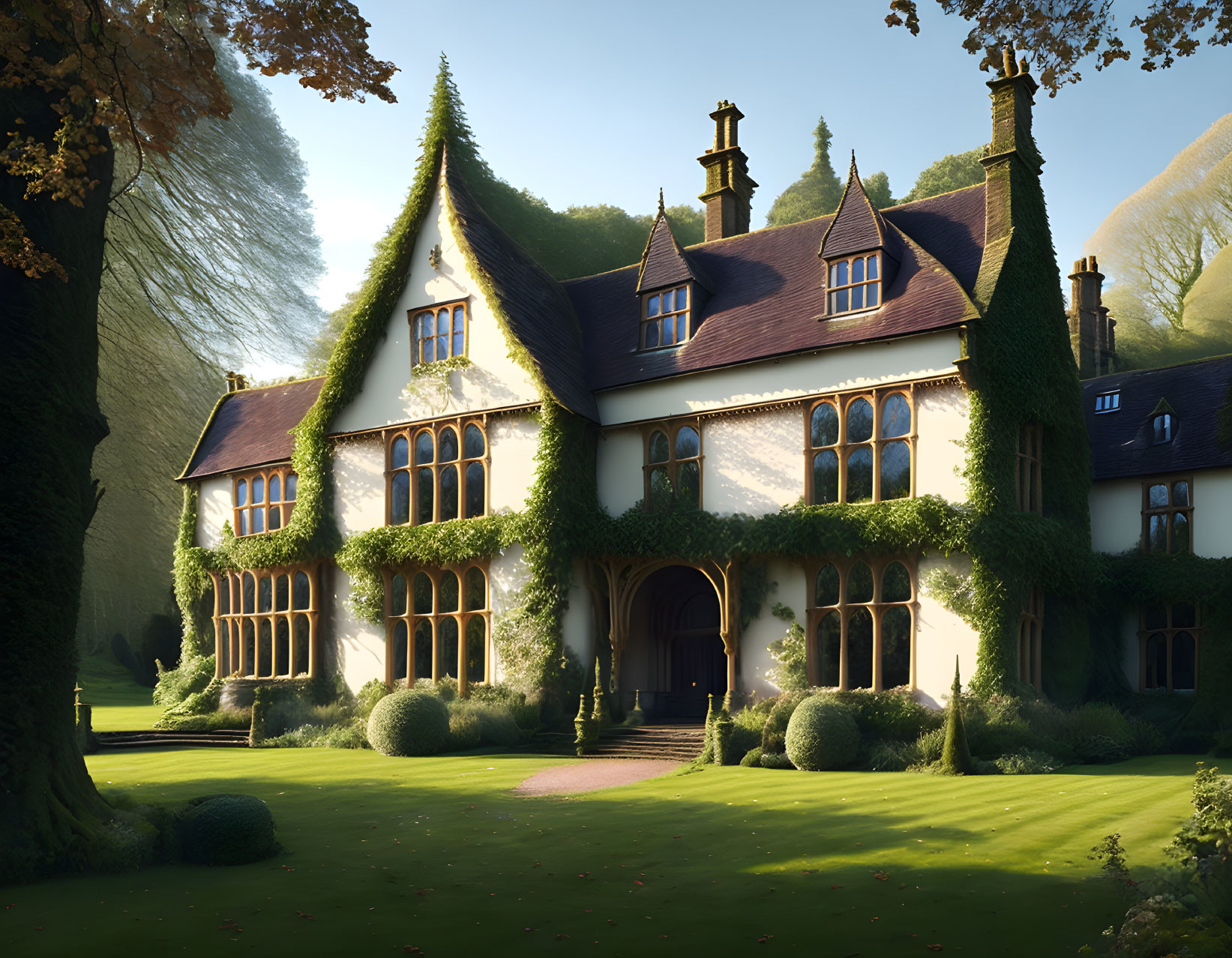 Traditional manor house with tall chimneys and ivy in serene wooded landscape