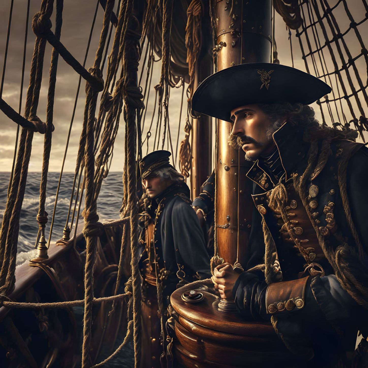 17th-Century Captain in Ornate Attire on Sailing Ship