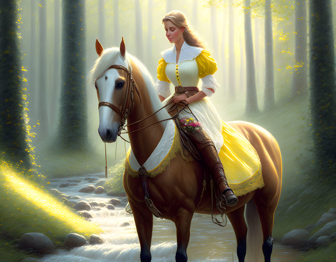 Woman in yellow dress riding horse through sunlit forest with bouquet of flowers.