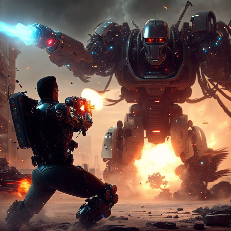 Futuristic soldier with arm cannon targets giant robot in fiery dystopian battlefield