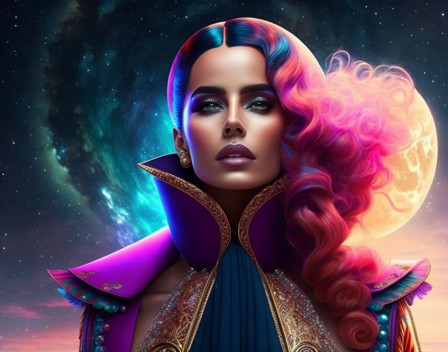 Colorful Hair Woman in Cosmic Setting