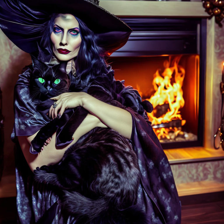 Person in witch costume holding black cat by fireplace with lit fire