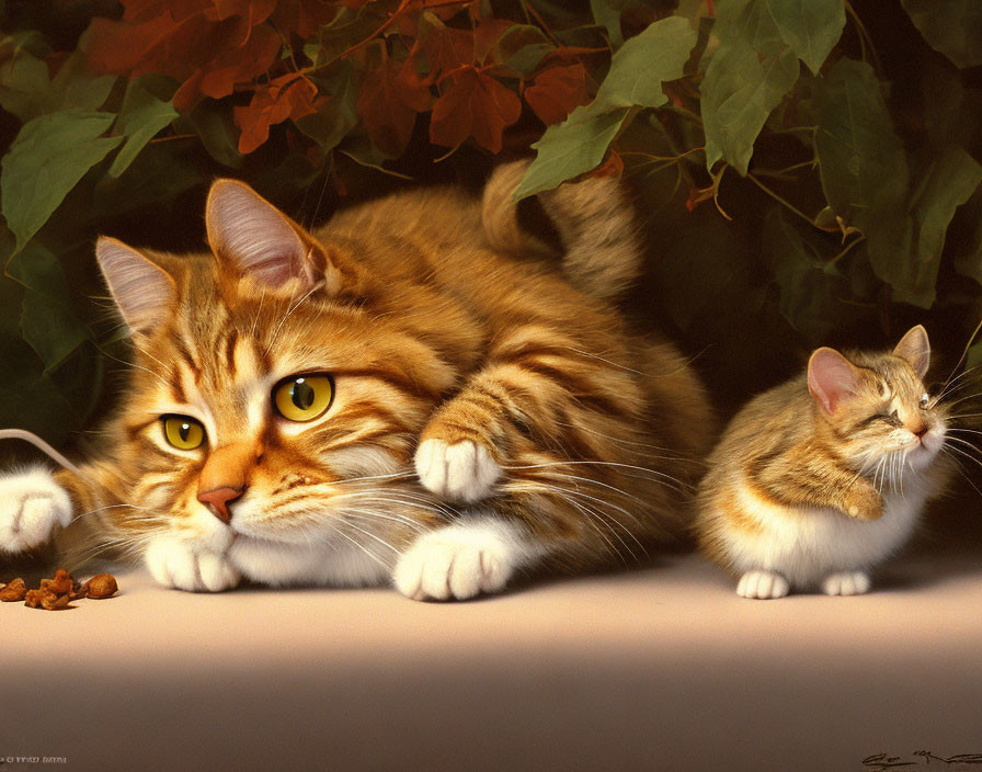 Large Striped Cat Resting with Kitten in Autumn Setting