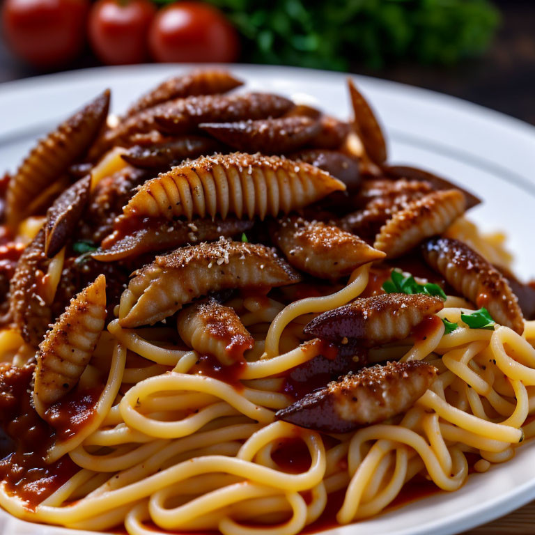 Spaghetti with Tomato Sauce, Seafood, and Fresh Herbs on Plate