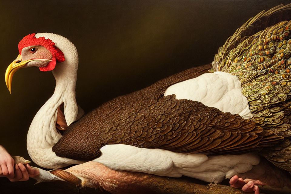 Hyper-realistic painting of a turkey with intricate feather details and vivid red and yellow head held by a