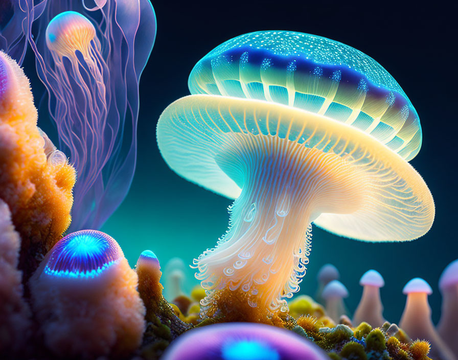 Bioluminescent jellyfish in colorful underwater seascape