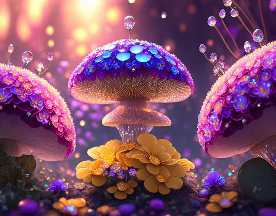 Vibrant mushrooms, golden flowers, and dewdrops in colorful forest