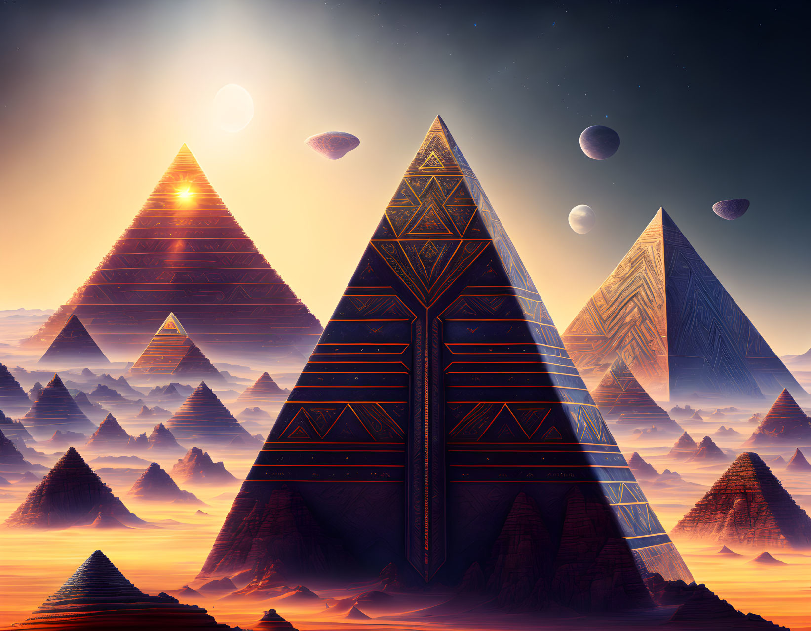 Fantastical twilight scene with pyramids and alien-like structures in a desert landscape