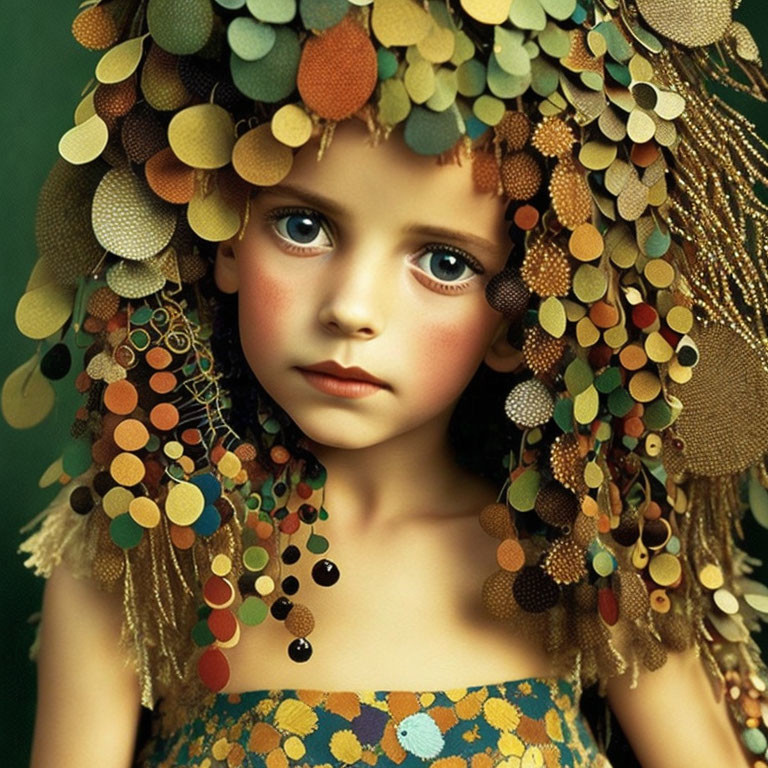 Young girl with striking blue eyes in colorful hat with beads and patches