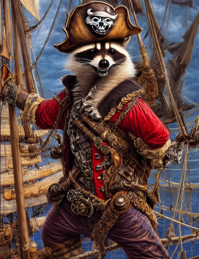 Anthropomorphic raccoon pirate with tricorne hat and cutlass on ship