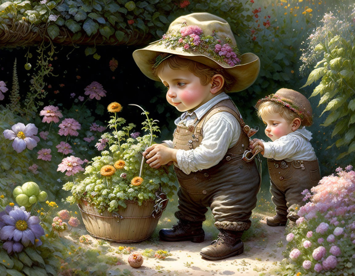 Children in flower garden: one with potted plant, other in flower hat.